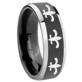 8mm Multiple Fleur Delis Beveled Glossy Black 2 Tone Tungsten Custom Mens Ring