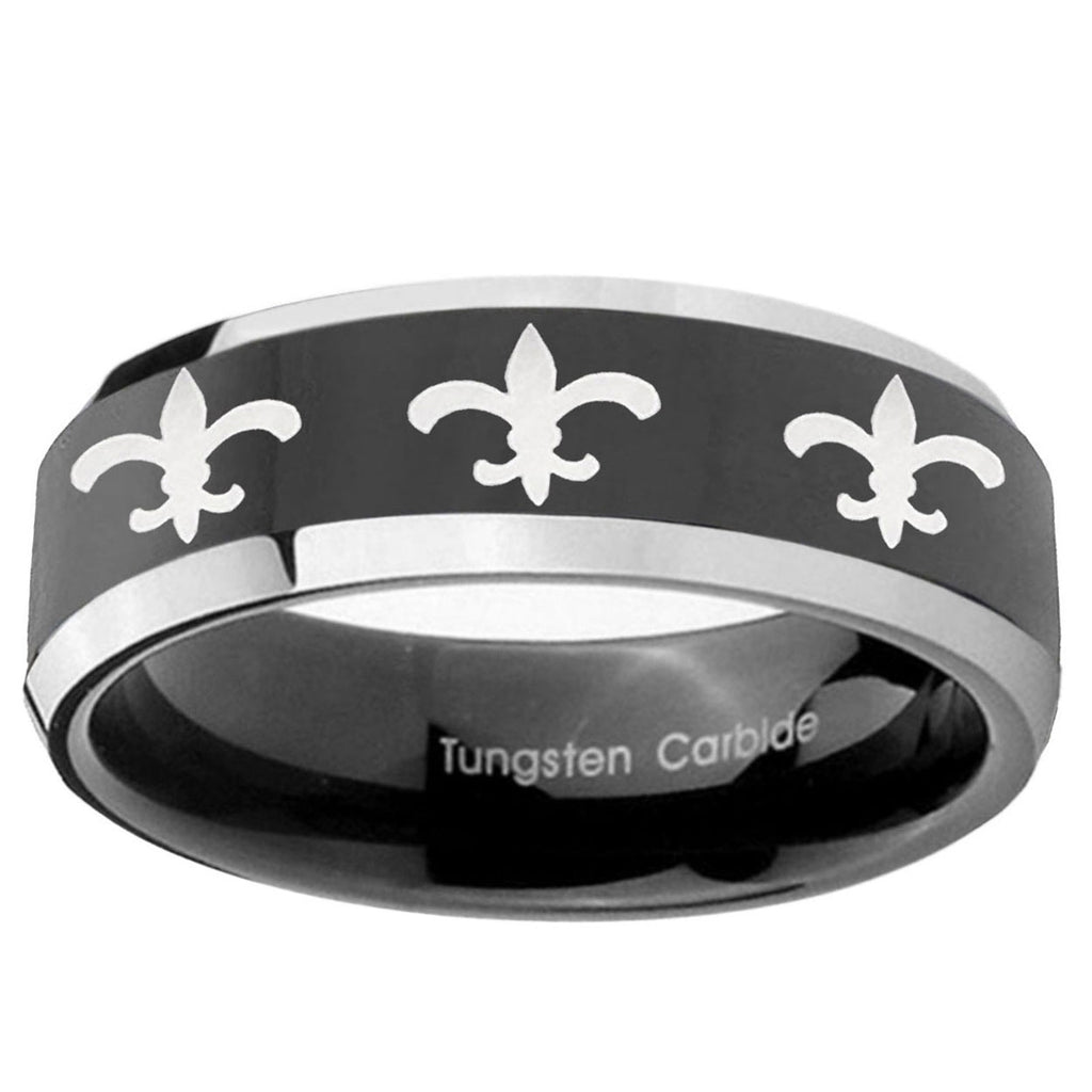 5mm Multiple Fleur-De-Lis Bevel Glossy Black 2 Tone Tungsten Ring