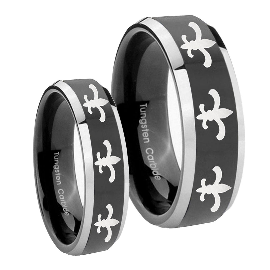 Multiple Fleur De Lis Beveled Glossy Black 2 Tone Tungsten Matching Ring Set
