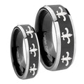 Multiple Fleur De Lis Beveled Glossy Black 2 Tone Tungsten Matching Ring Set