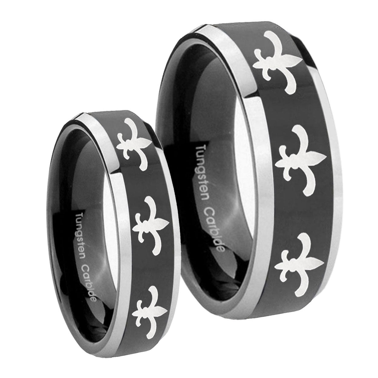 Multiple Fleur De Lis Beveled Glossy Black 2 Tone Tungsten Matching Ring Set
