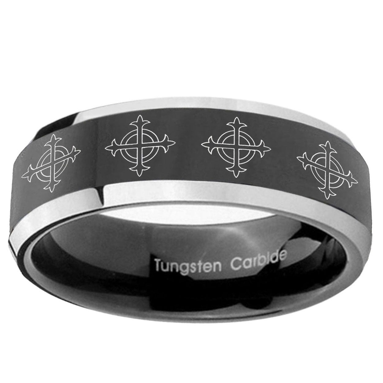 5mm Multiple Crosses Bevel Glossy Black 2 Tone Tungsten Ring