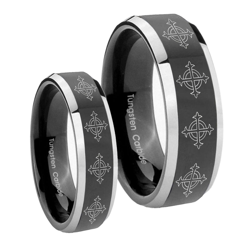 Multiple Crosses Beveled Glossy Black 2 Tone Tungsten Bridal Set Rings