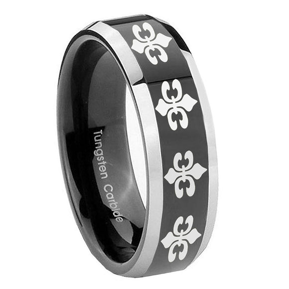 8mm-Multiple-Fleur-De-Lis-Beveled-Glossy-Black-2-Tone-Tungsten-Personalized-Ring