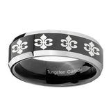 10mm-Multiple-Fleur-De-Lis-Beveled-Glossy-Black-2-Tone-Tungsten-Mens-Bands-Ring