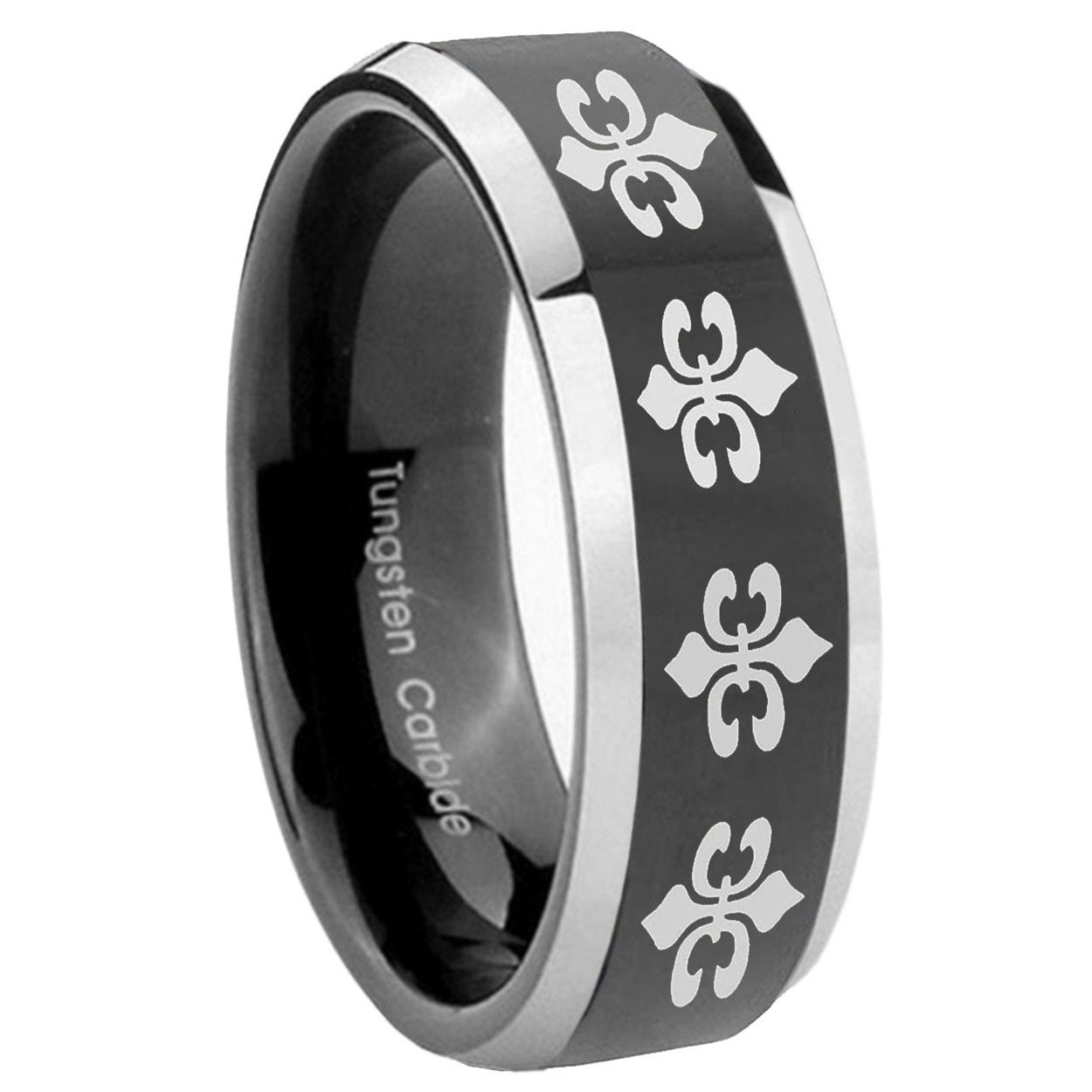 8mm Multiple Fleur-De-Lis Bevel Glossy Black 2 Tone Tungsten Ring