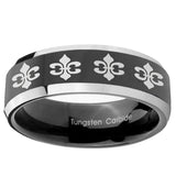 10mm Multiple Fleur-De-Lis Beveled Glossy Black 2 ToneTungsten Ring