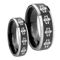 Multiple Fleur De Lis Beveled Glossy Black 2 Tone Tungsten Couples Ring Set