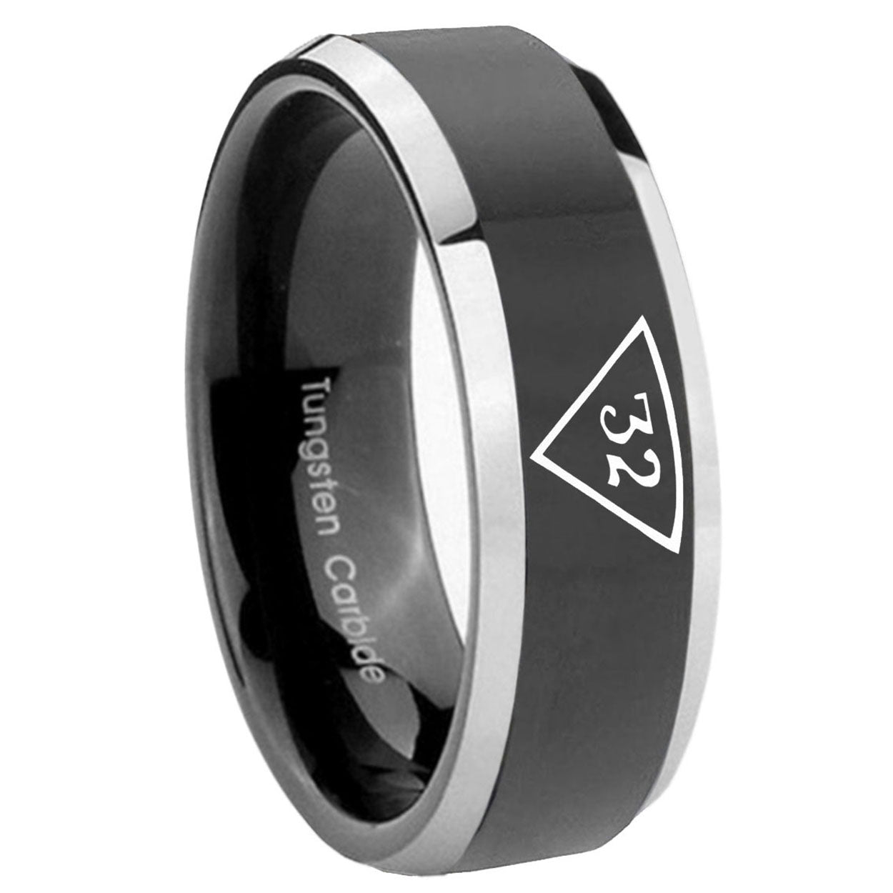 8mm Masonic 32 Triangle Freemason Bevel Glossy Black 2 Tone Tungsten Ring