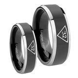 His Hers Masonic 32 Triangle Freemason Beveled Glossy Black 2 Tone Tungsten Men's Promise Rings Set