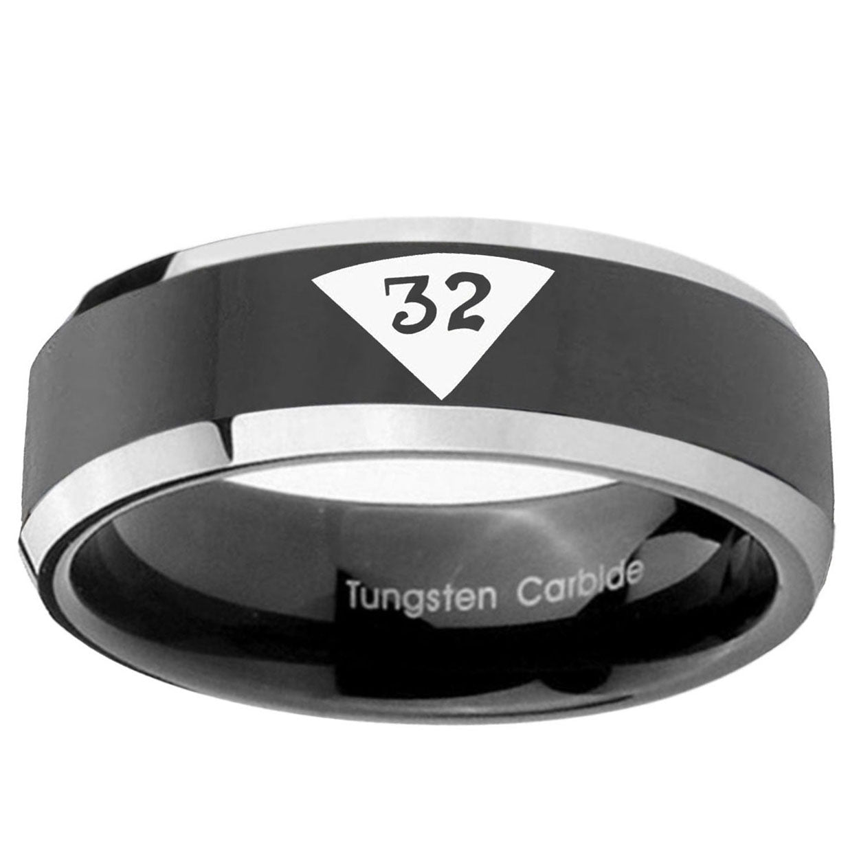 10mm Masonic 32 Triangle Design Freemason Beveled Edge Glossy Black 2 Tone Tungsten Ring
