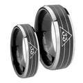 Masonic 32 Duo Line Freemason Beveled Glossy Black 2 Tone Tungsten Couple Rings