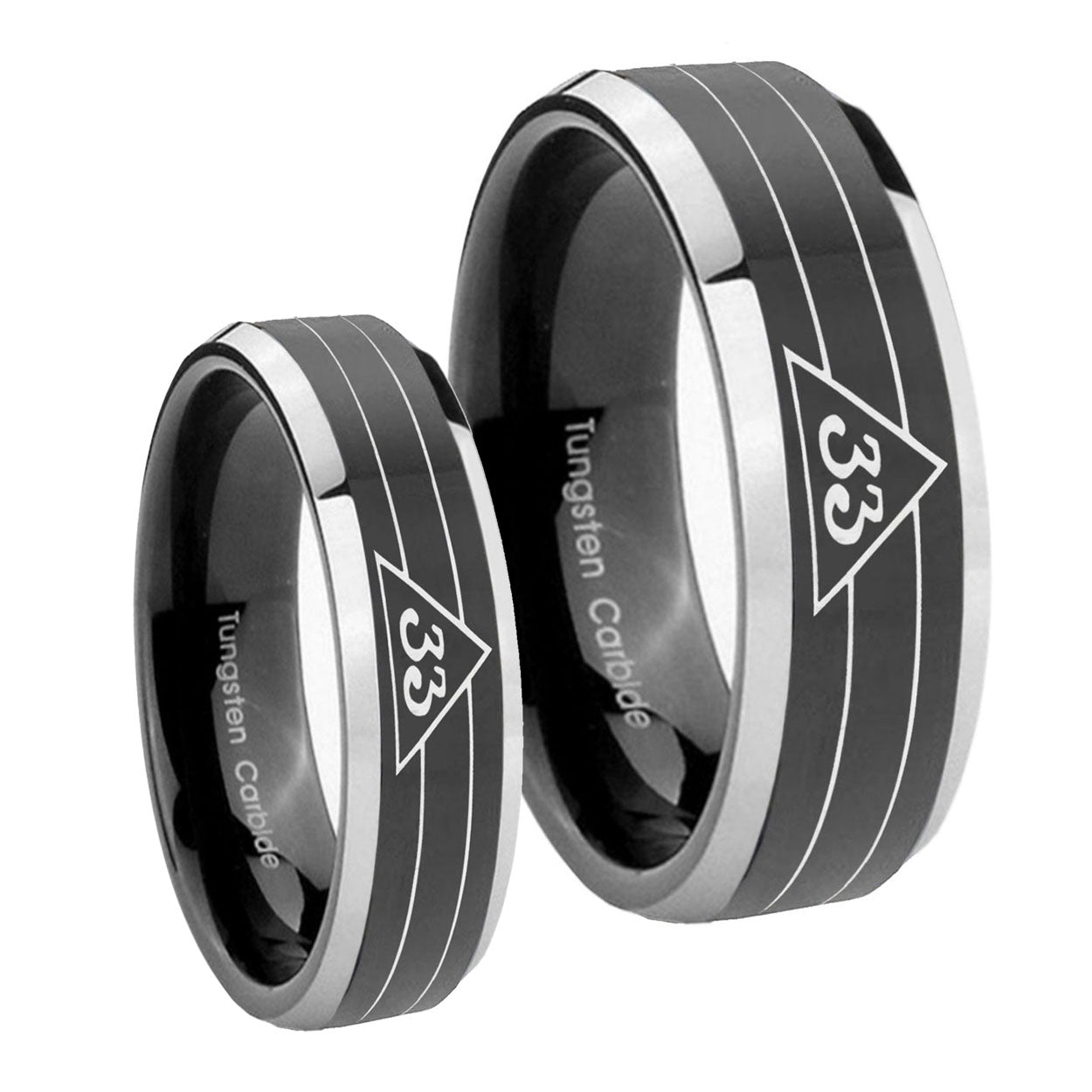 Masonic 32 Duo Line Freemason Beveled Glossy Black 2 Tone Tungsten Couple Rings