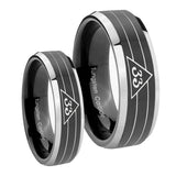 His Hers Masonic 32 Duo Line Freemason Beveled Glossy Black 2 Tone Tungsten Men's Promise Rings Set