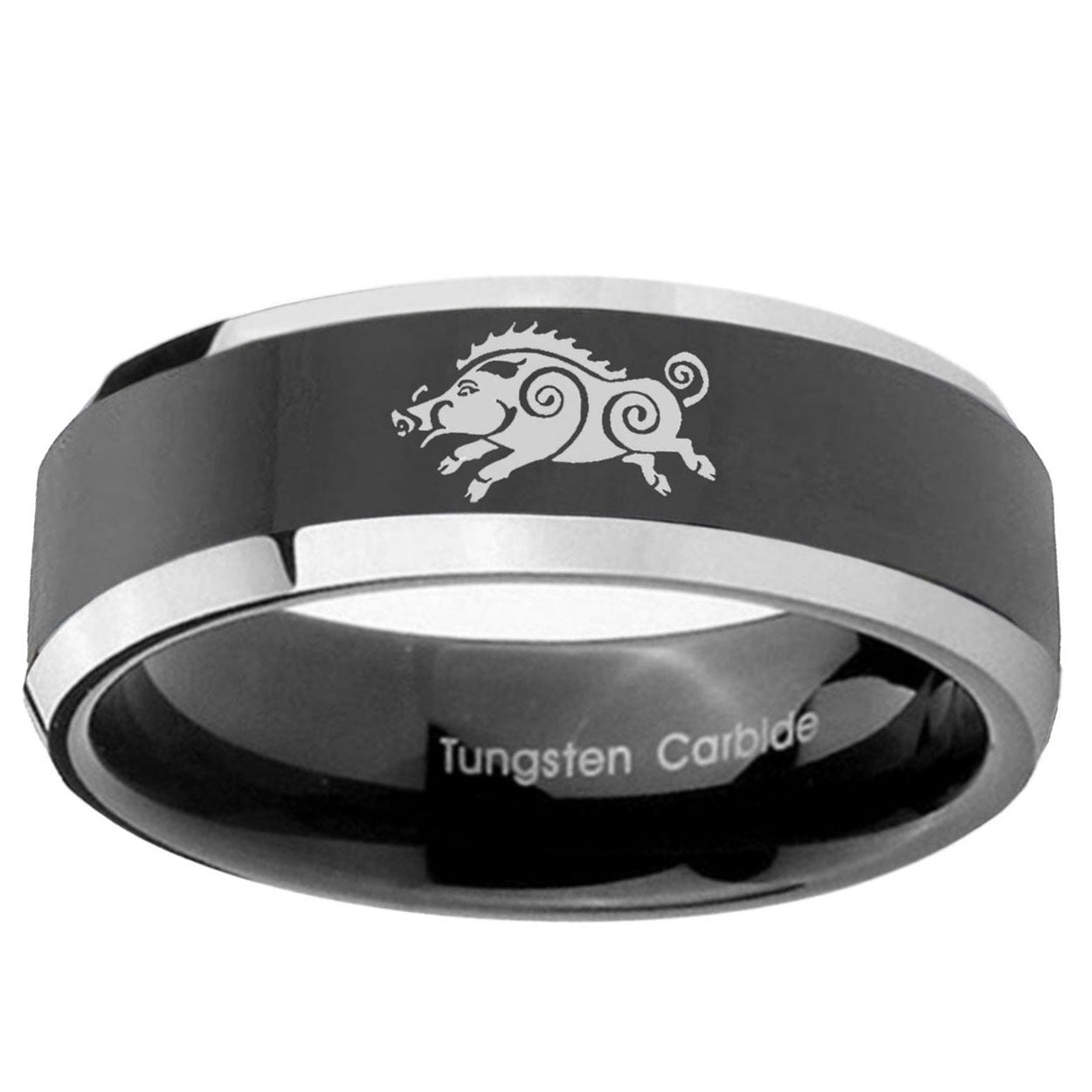 10mm Wild Boar Beveled Glossy Black 2 Tone Tungsten Ring