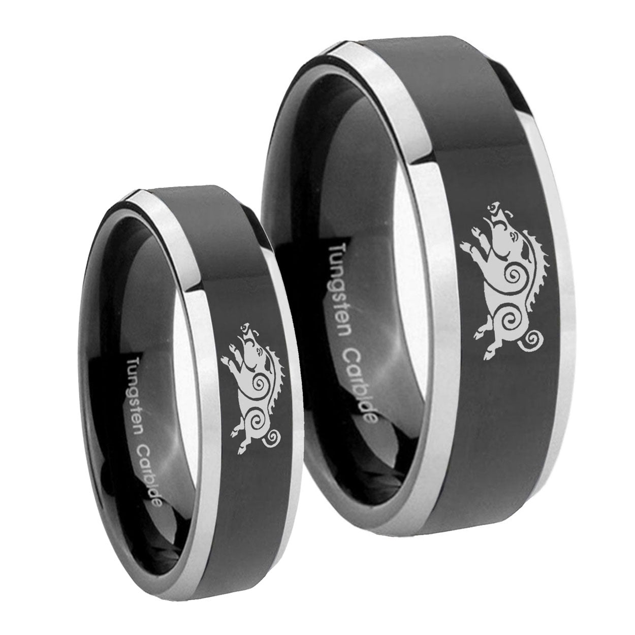 Wild Boar Beveled Glossy Black 2 Tone Tungsten Wedding Band Set