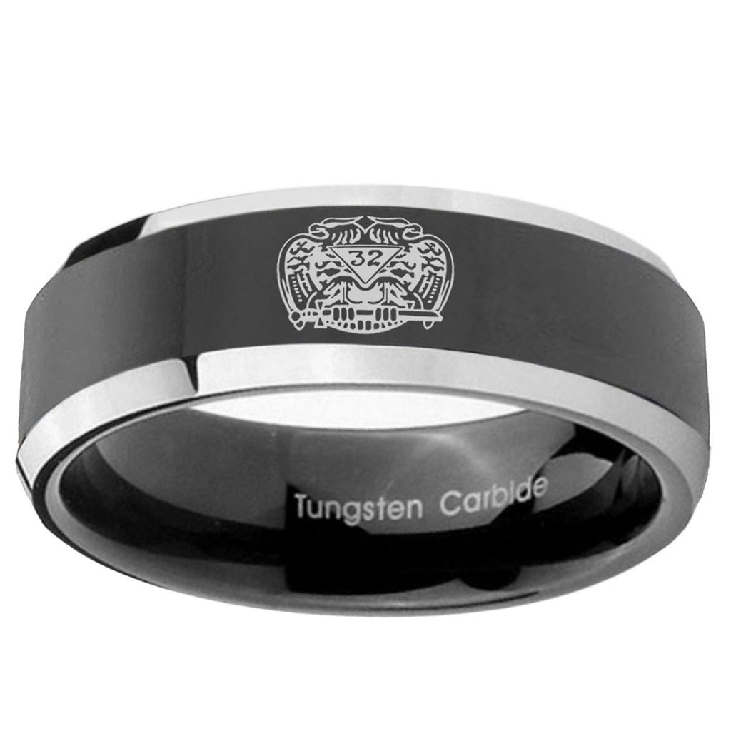 5mm Masonic 32 Degree Freemason Bevel Glossy Black 2 Tone Tungsten Ring