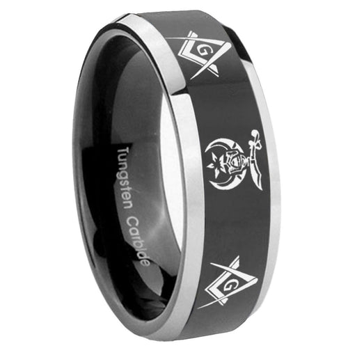8mm Masonic Shriners Bevel Glossy Black 2 Tone Tungsten Ring