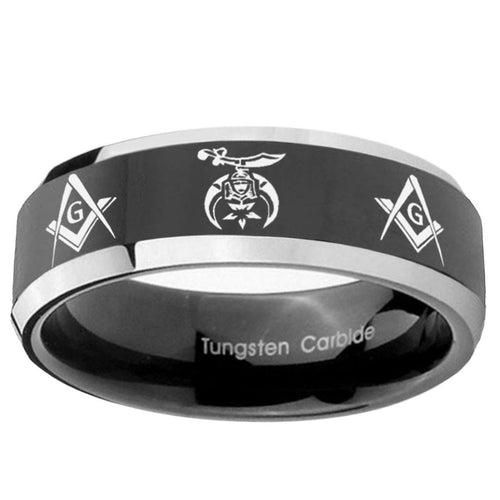 5mm Masonic Shriners Bevel Glossy Black 2 Tone Tungsten Ring
