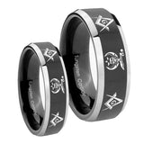 His Hers Masonic Shriners Beveled Glossy Black 2 Tone Tungsten Mens Band Set