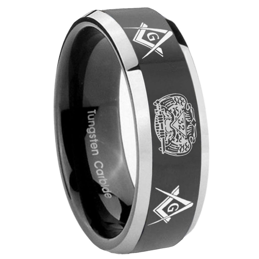 8mm Masonic 32 Design Bevel Glossy Black 2 Tone Tungsten Ring