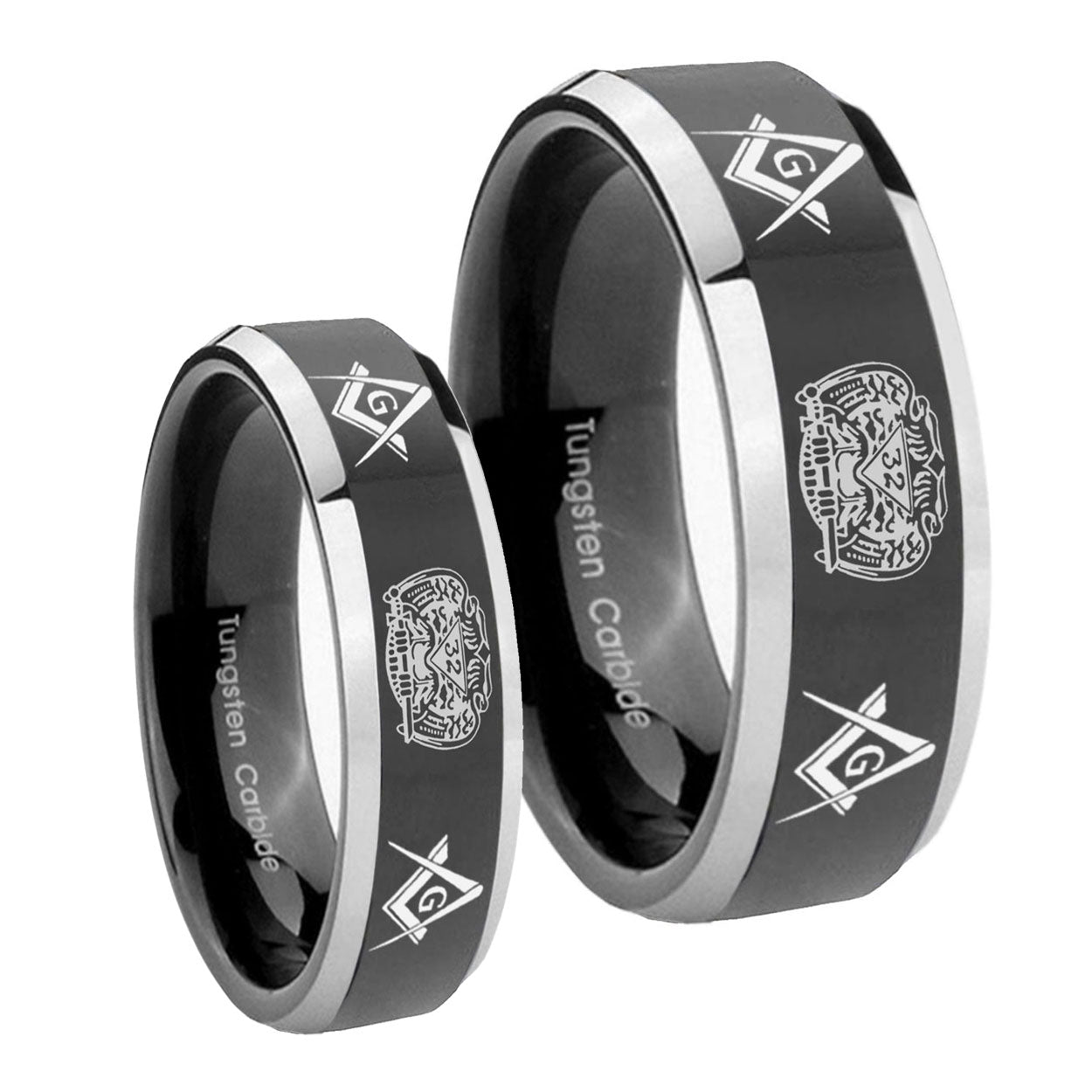 Masonic 32 Design Beveled Glossy Black 2 Tone Tungsten Bridal Ring Set