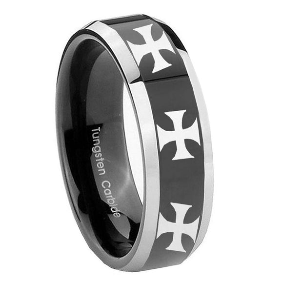 10mm-Multiple-Maltese-Cross-Beveled-Glossy-Black-2-Tone-Tungsten-Mens-Ring