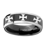 10mm-Multiple-Maltese-Cross-Beveled-Glossy-Black-2-Tone-Tungsten-Mens-Ring
