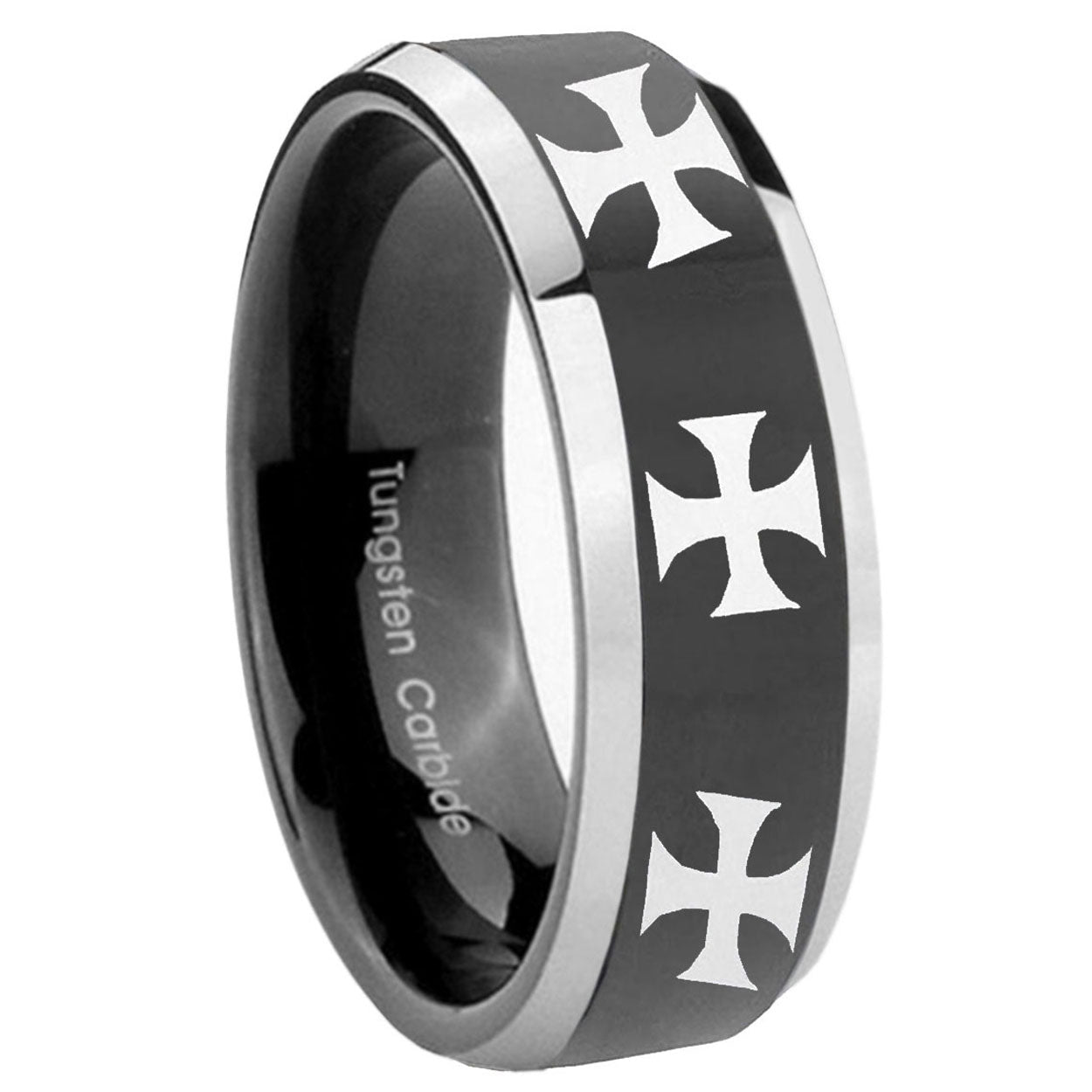 10mm Multiple Maltese Cross Beveled Glossy Black 2 Tone Tungsten Mens Ring