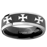 10mm Multiple Maltese Cross Beveled Glossy Black 2 Tone Tungsten Mens Ring