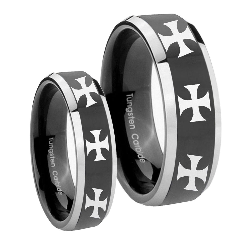 Multiple Maltese Cross Beveled Glossy Black 2 Tone Tungsten Bridal Ring Set