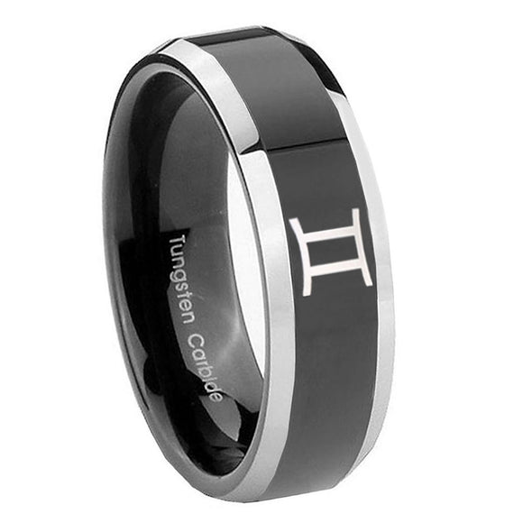 8mm-Gemini-Zodiac-Beveled-Edges-Glossy-Black-2-Tone-Tungsten-Wedding-Band-Ring