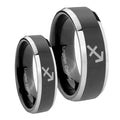 Sagittarius Zodiac Beveled Glossy Black 2 Tone Tungsten Bridal Band Set