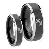 His Hers Sagittarius Zodiac Beveled Glossy Black 2 Tone Tungsten Custom Mens Ring Set