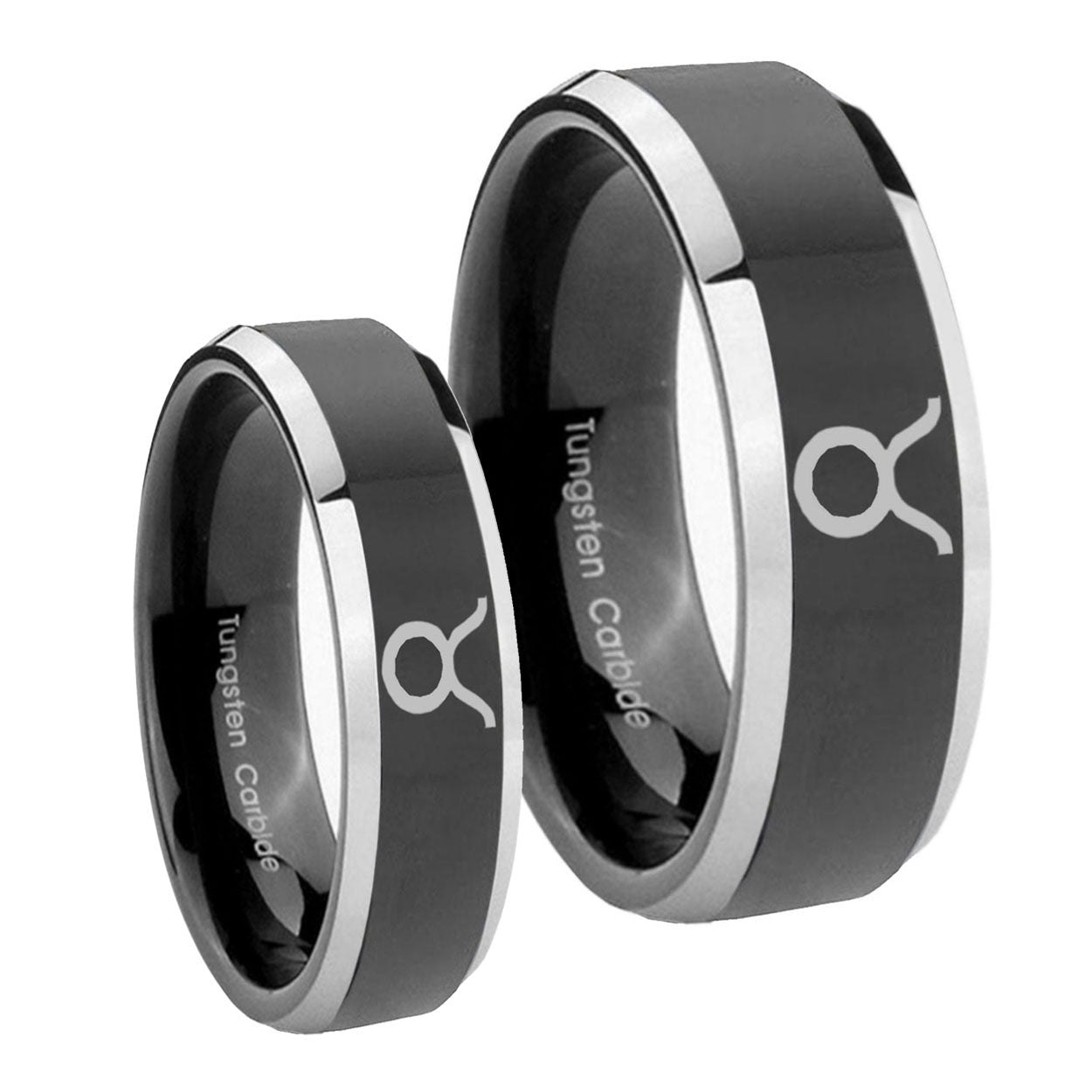 Taurus Horoscope Beveled Glossy Black 2 Tone Tungsten Bridal Band Set