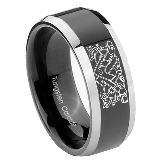 8mm-Celtic-Dog-Beveled-Glossy-Black-2-Tone-Tungsten-Men's-Band-Ring