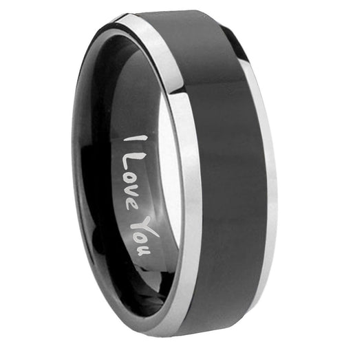 10mm I Love You Beveled Edges Glossy Black 2 Tone Tungsten Carbide Mens Ring