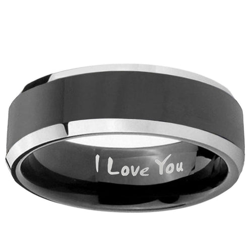 10mm I Love You Beveled Edge Glossy Black 2 Tone Tungsten Carbide Mens Ring