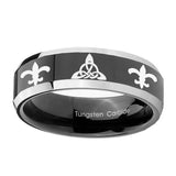 10mm-Celtic-Triangle-Fleur-De-Lis-Beveled-Glossy-Black-2-Tone-Tungsten-Men's-Ring