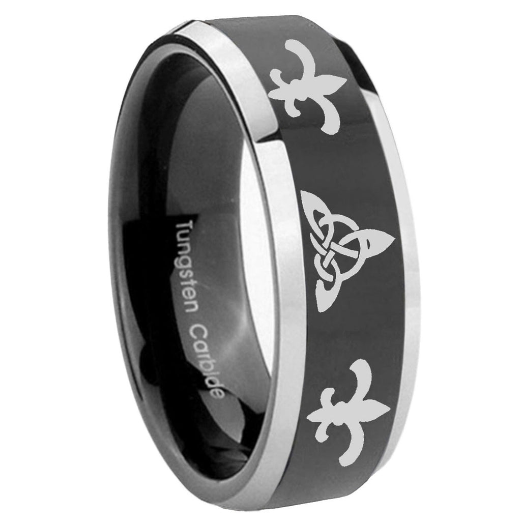 10mm Celtic Triangle Fleur Delis Beveled Glossy Black 2 Tone Tungsten Men's Ring