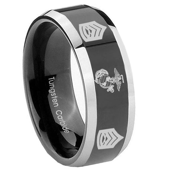 10mm-Marine-Army-Sergeant-Beveled-Edges-Glossy-Black-2-Tone-Tungsten-Engraved-Ring