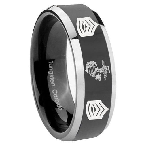 8mm Marine Army Sergeant Bevel Glossy Black 2 Tone Tungsten Ring