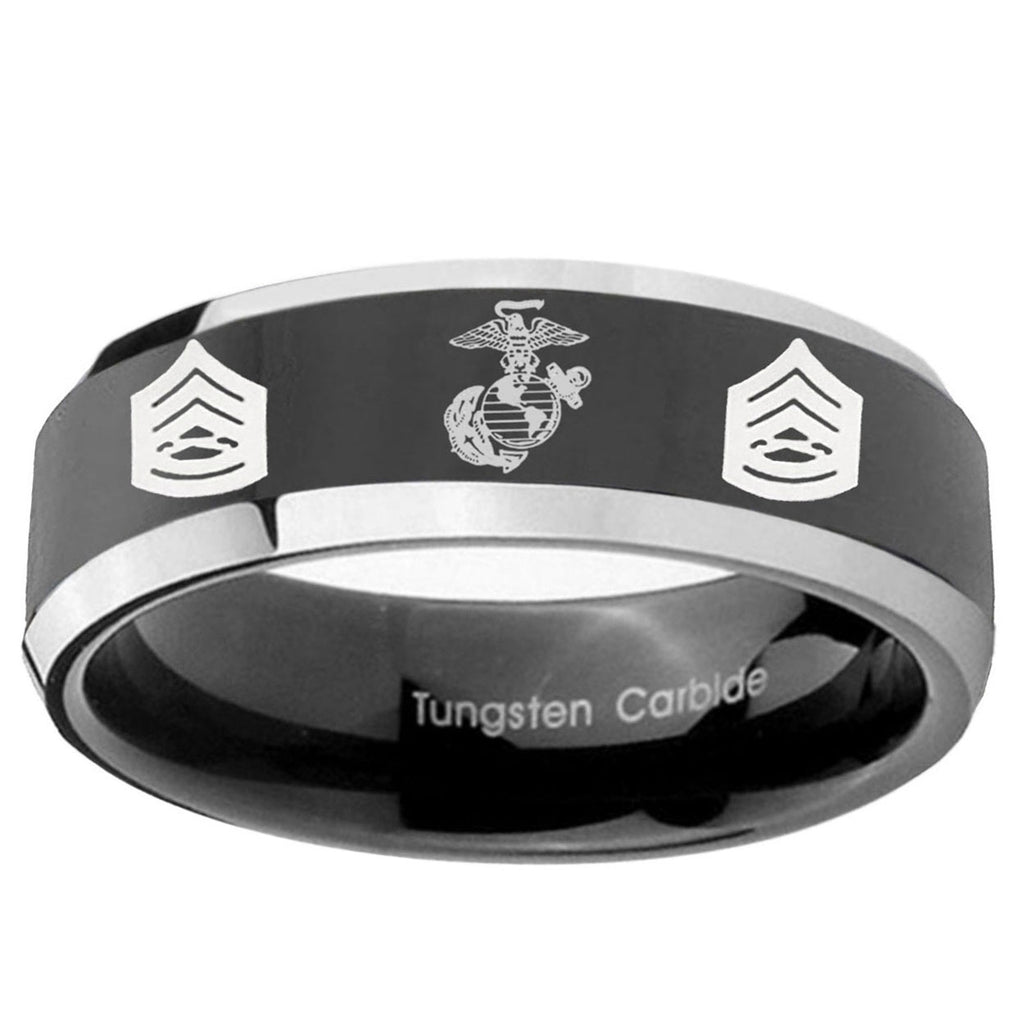 10mm Marine Army Sergeant Beveled Edge Glossy Black 2 Tone Tungsten Engraved Ring