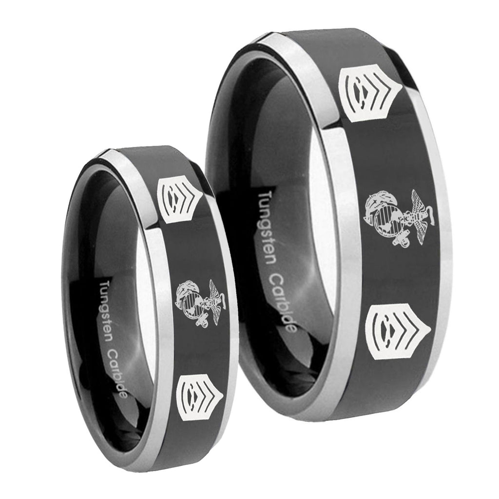 Marine Army Sergeant Beveled Glossy Black 2 Tone Tungsten Wedding Ring Set