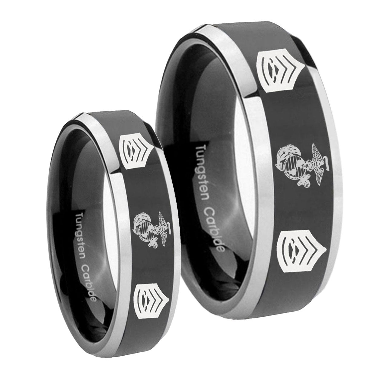 Marine Army Sergeant Beveled Glossy Black 2 Tone Tungsten Wedding Ring Set