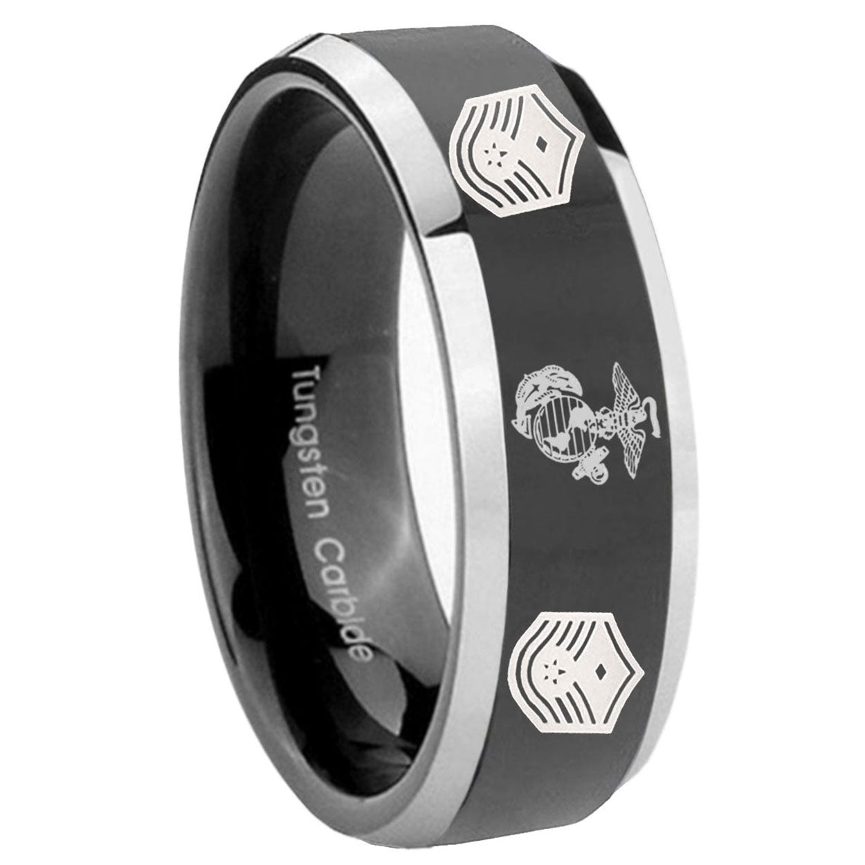 8mm Marine Chief Master Sergeant Bevel Glossy Black 2 Tone Tungsten Band