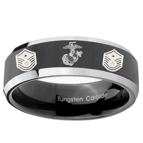 10mm Marine Chief Master Sergeant Beveled Glossy Black 2 Tone Tungsten Ring