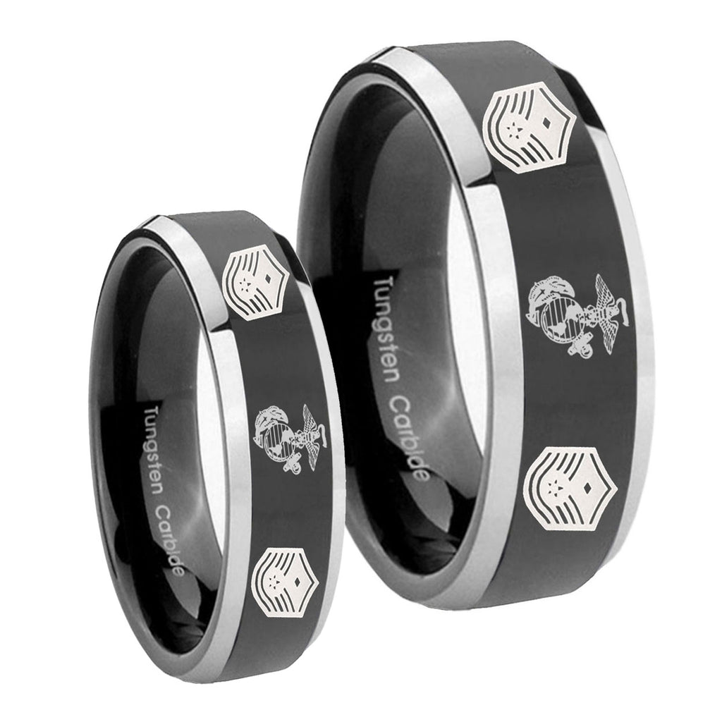 Marine Chief Master Sergeant Beveled Glossy Black 2 Tone Tungsten Mens Set Rings