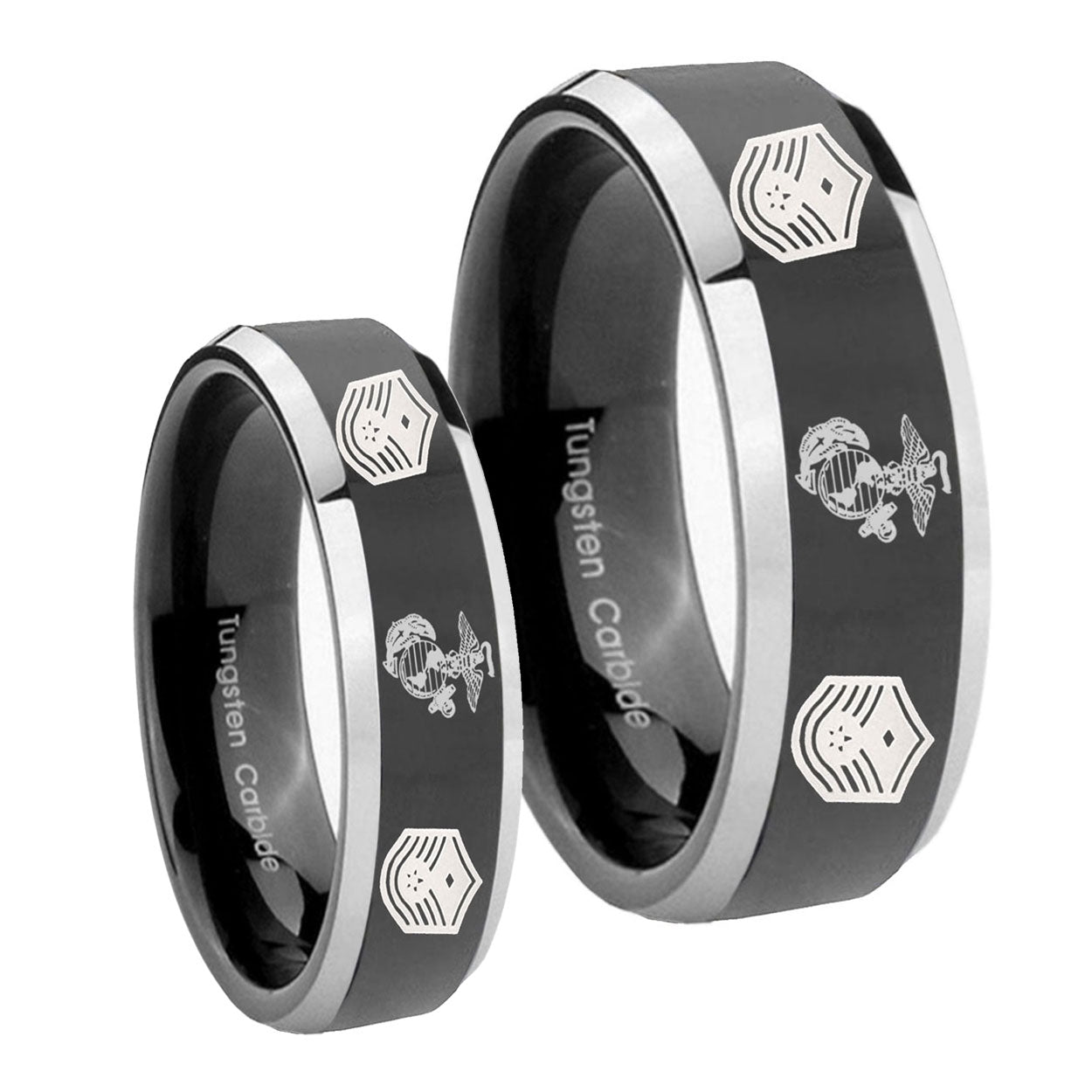 Marine Chief Master Sergeant Beveled Glossy Black 2 Tone Tungsten Mens Set Rings