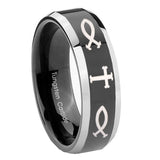 10mm-Fish-&-Cross-Beveled-Edges-Glossy-Black-2-Tone-Tungsten-Mens-Wedding-Ring